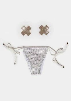 Neva Nude Silver Shiney Hiney Iridescent Rhinestone Pasties And Panty Set