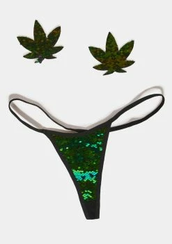 Neva Nude Green Sequin Weed Leaf Pasties & Thong Set