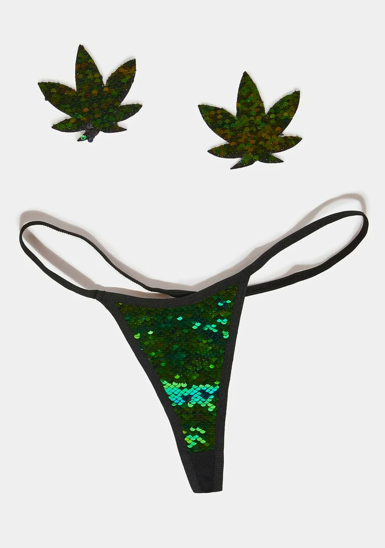 Neva Nude Green Sequin Weed Leaf Pasties & Thong Set 1 Neva Nude Green Sequin Weed Leaf Pasties & Thong Set