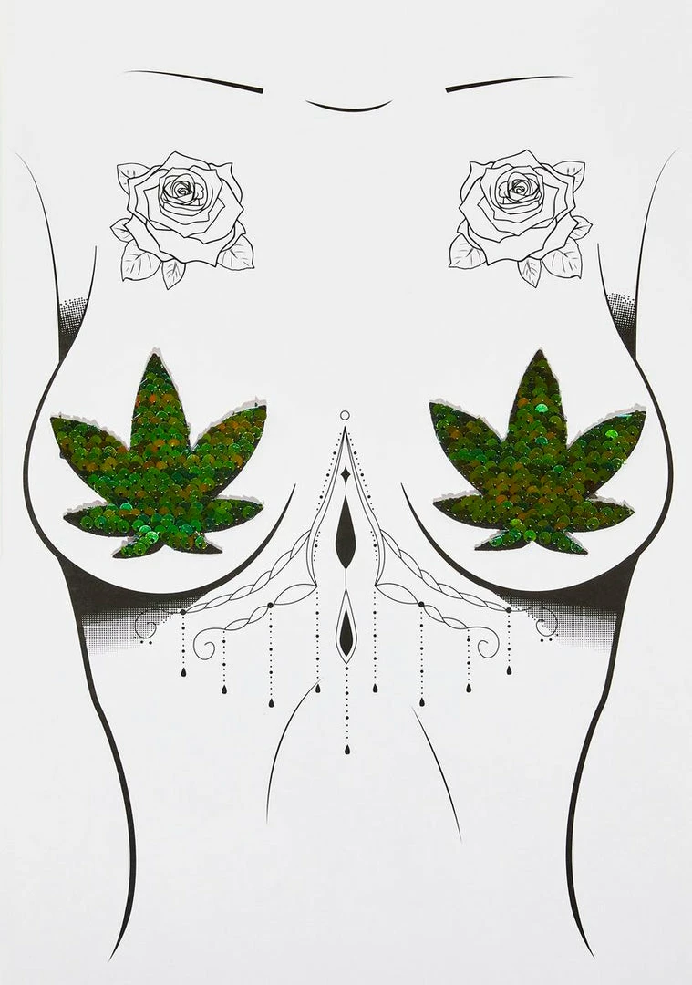 Neva Nude Green Sequin Weed Leaf Pasties & Thong Set 2 Neva Nude Green Sequin Weed Leaf Pasties & Thong Set
