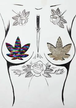 Neva Nude Pasties & Tatts Funfetti Sequins To Gold Weed Leaf Pasties