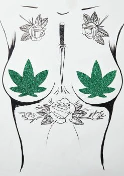 Neva Nude Pasties & Tatts Green Sparkle Weed Leaf Pasties